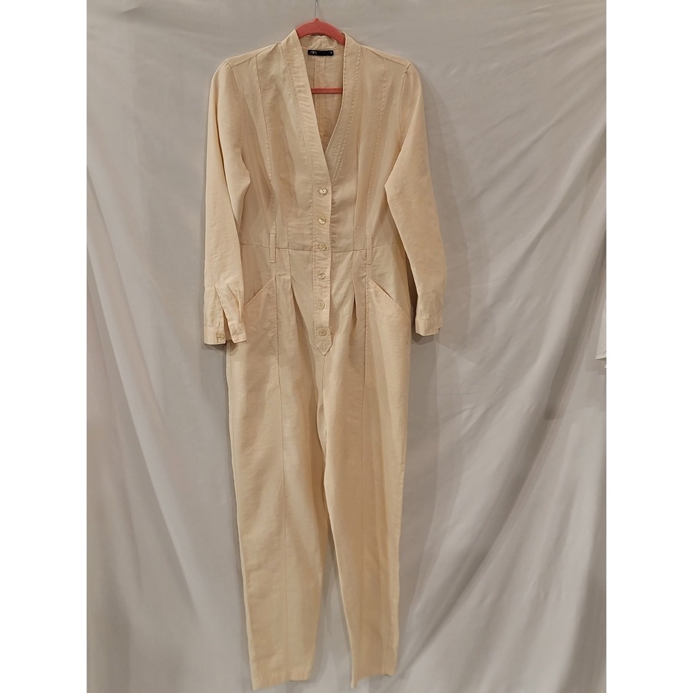 Zara Womens Cream Beige Long Sleeve Button Front Utility Jumpsuit Size M